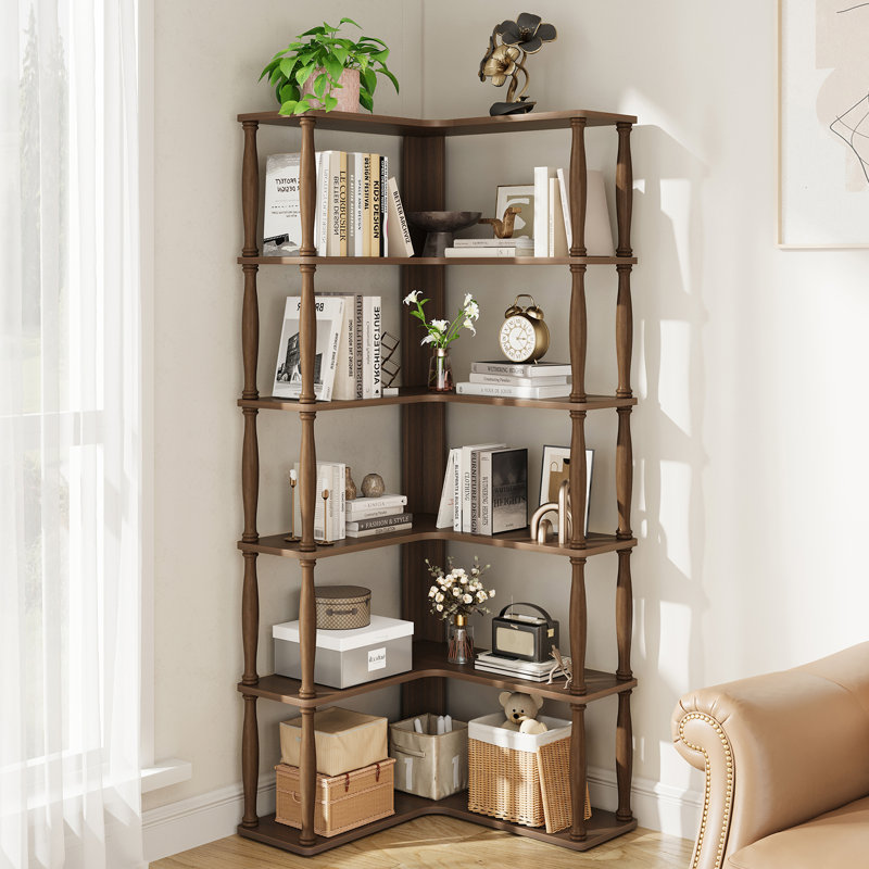 Retro Style 6-Tier L-Shaped Corner Bookshelf - Heavy-Duty Solid Wood & MDF Storage For Living Room, Walnut
