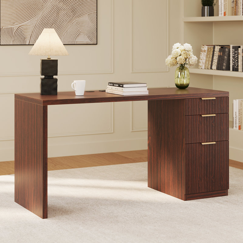 58" Modern Fluted Executive Desk With Storage, Home Office Desk With Drawer, Cabinet, Outlet, Walnut Brown