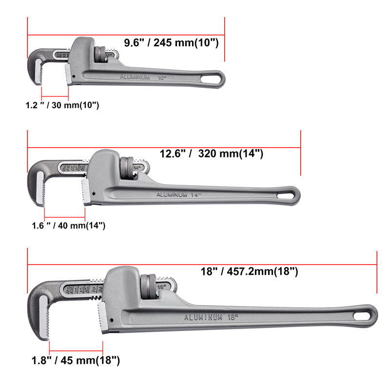 3-Piece Pipe Wrench Set, 10" 14" 18" Aluminum Straight Pipe Wrench, Adjustable Plumbing Wrench, with High Strength Jaw and Ergonomic Handle, Hangable Design, for Water Pipes, Automotive Repairs