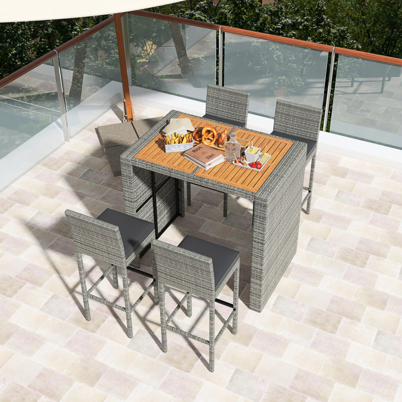 5-Pieces Outdoor Wicker Patio Dinning Set, Bar Height Chairs,  Acacia Wood Table Top, Iron Frame,With Removable Cushion,Non-Slip Feet And Fixed Rope, Easy To Install