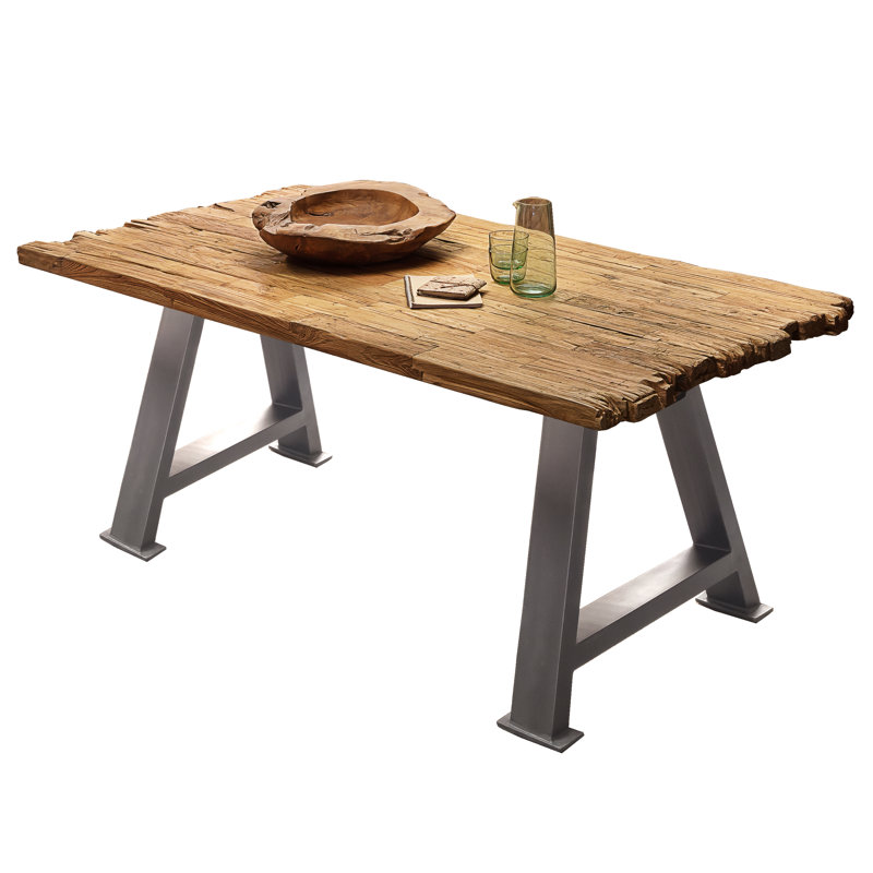 Susan Teak Solid Wood Top Metal Base Dining Table, Antique silver/Brown, 77cm H x 160cm L x 90cm W
