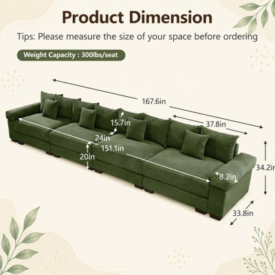 170" Oversized Cloud Modular Sectional Couch, Premium Corduroy 4-Seater Extra-Thick Armrests, Good Resilience Cushion, 12 Throw Pillows, Ergonomic Design, Easy Assembly,For Living Rooms,Camel