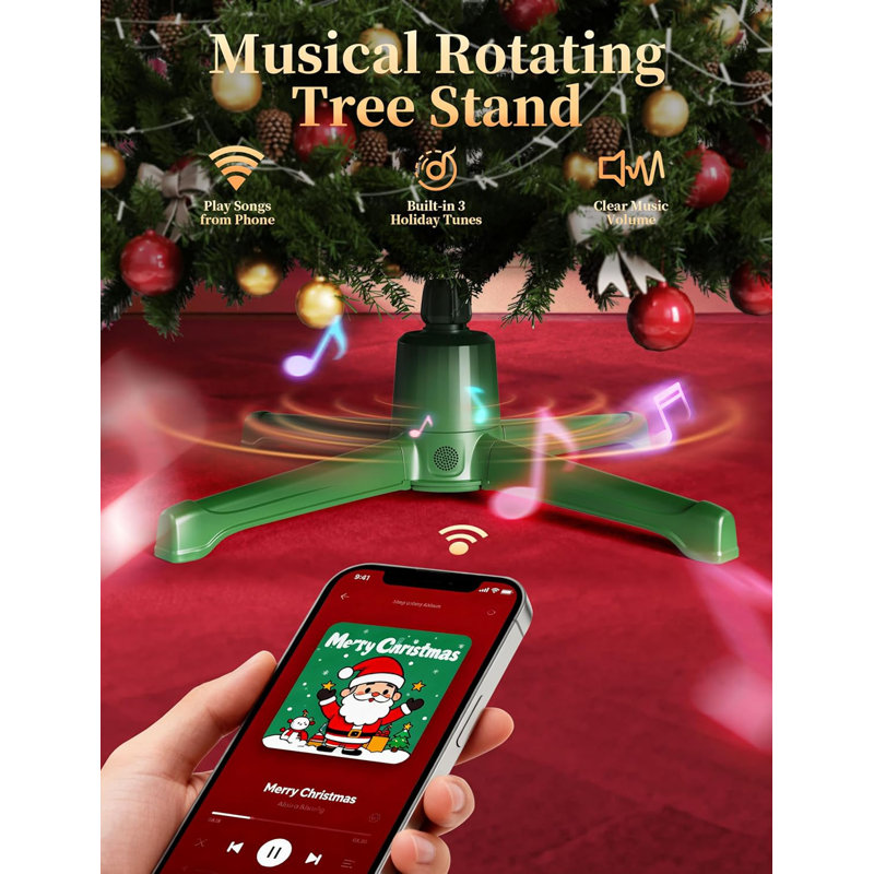 Support musical pour arbre de Noël rotatif avec télécommande, base anti-basculement silencieuse à 360 degrés avec haut-parleur et fonction de mémoire, support d'arbre de Noël jusqu'à 9 pi, arbre artificiel de 120 lb et 800 W