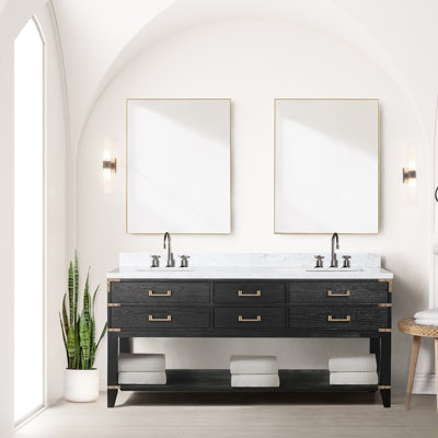 Dessus en marbre 72 po De salle de bain double en chêne noir avec quatre tiroirs, miroirs et plateau scellé à la main à fermeture douce, 34 rangements