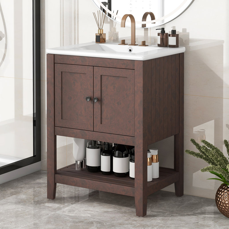 Bathroom Vanity with Ceramic Sink and Open Style Shelf, Brown
