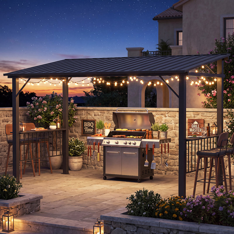 12 ft. W x 6 ft. D Metal BBQ Gazebo with Galvanized Steel Hardtop Roof and Dual Side Serving Shelves, Outdoor Patio Shelter Backyard Pavilion for Grilling, Dining and Entertaining