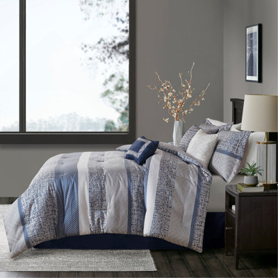 7 Piece Jacquard Comforter Set Navy Queen