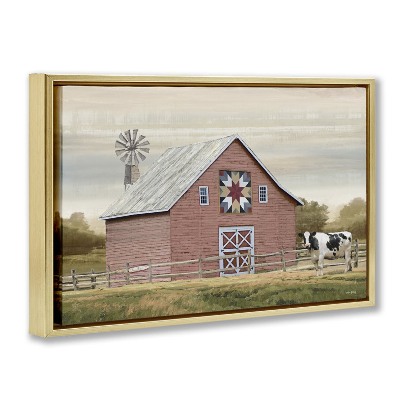 Toile flottante encadrée Traditional Barn & Windmill par Amber Sterling, H 21 po x l 31 po, Cadre flottant métallique doré