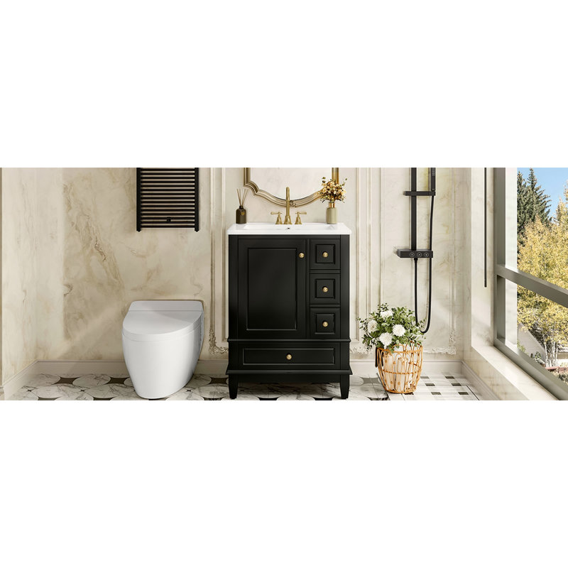 Meuble-lavabo 24 po avec lavabo et tiroirs, meuble-lavabo autoportant blanc avec plateau en céramique et tablettes de rangement, panneau de fibres à densité moyenne et base en bois massif, meuble-lavabo moderne pour petite salle de bain