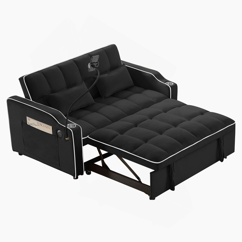 Loveseat With USB Port And Swivel Phone Stand, Pull-Out Sleeper Sofa Bed With Side Pockets And Adjustable Backrest, Black