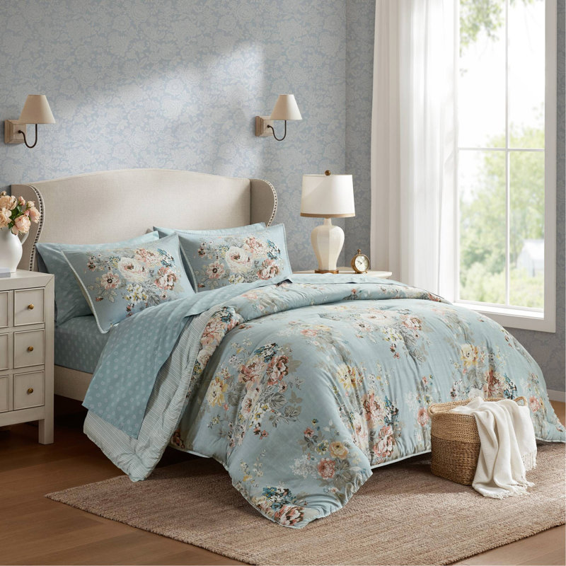 Ensemble de 7 pièces à motif floral d'inspiration rétro 7 pièces, bleu doux, Full Bedspread + 6 Additional Pieces, Blue