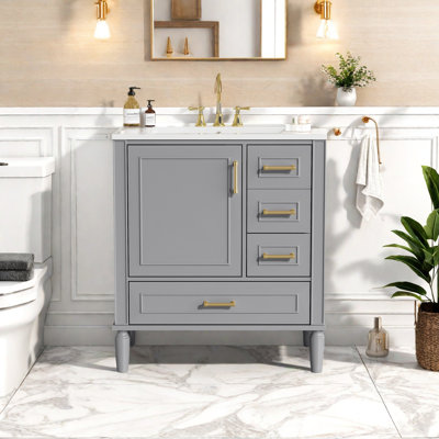Compact Bathroom Vanity with Ceramic Basin, Soft-Close Door, and Ample Storage – Classic Grey Design with Gold Handles, Easy Assembly
