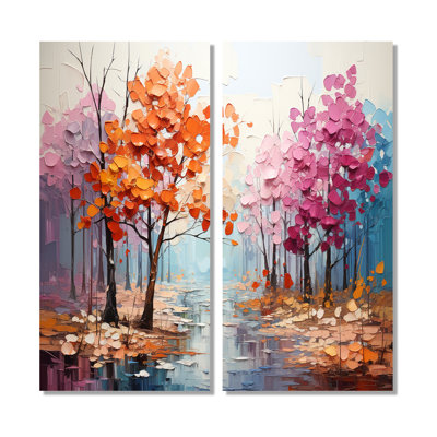 Orange, rose, Neo Primal Forest Collage - Art mural traditionnel