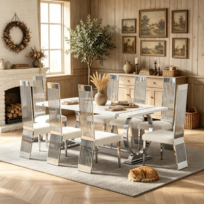 Ensemble de table de salle à manger 9 pièces moderne blanc et argent avec 8 chaises de salle à manger blanches et argentées