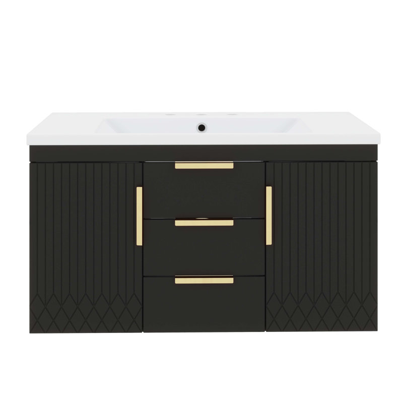 Meuble-lavabo mural 36 po avec lavabo, meuble-lavabo mural 36 po avec 2 portes et 2 tiroirs, meuble-lavabo flottant avec ligne décorative