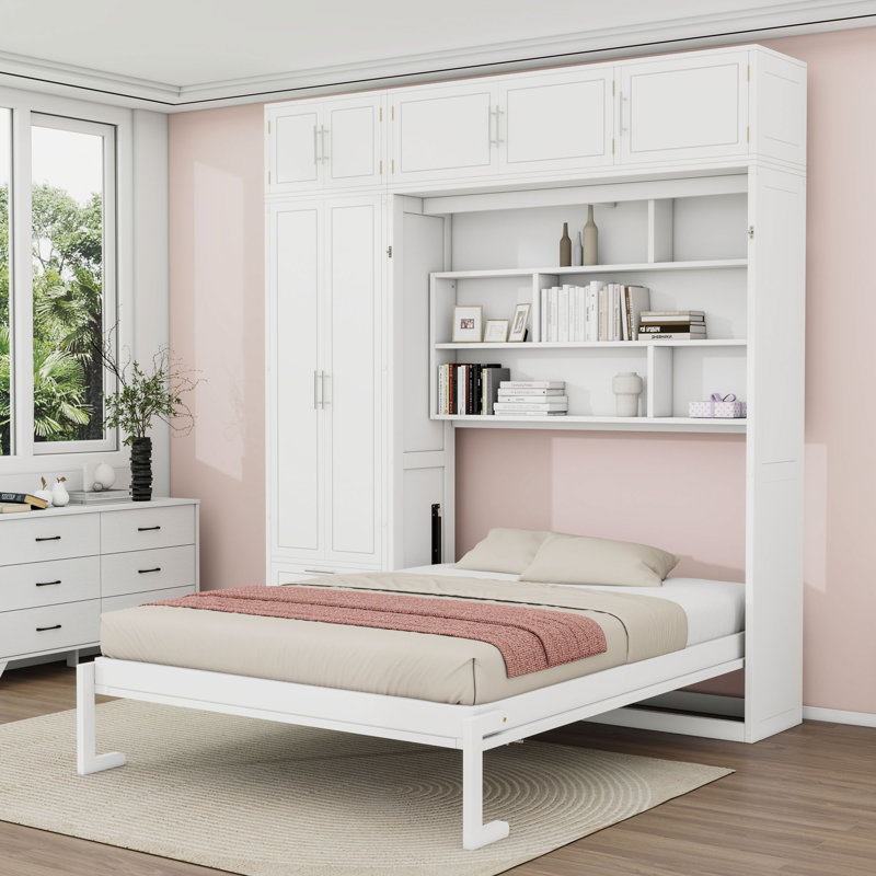 Grand lit escamotable mural en bois avec tiroirs, armoire supérieure, armoire et tablettes, Blanc