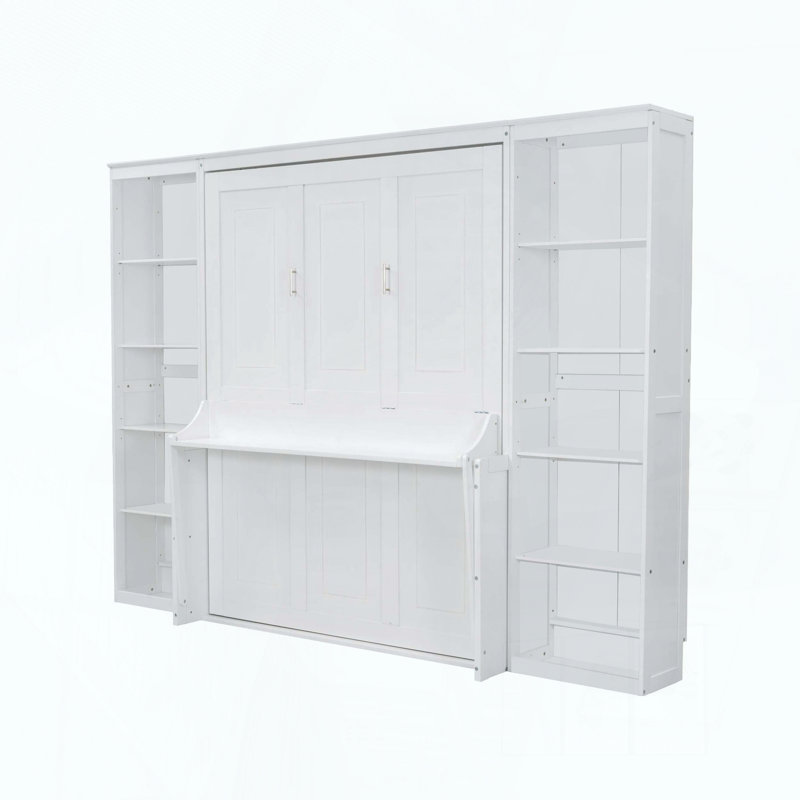 Grand lit escamotable avec bureau et tablettes, Blanc
