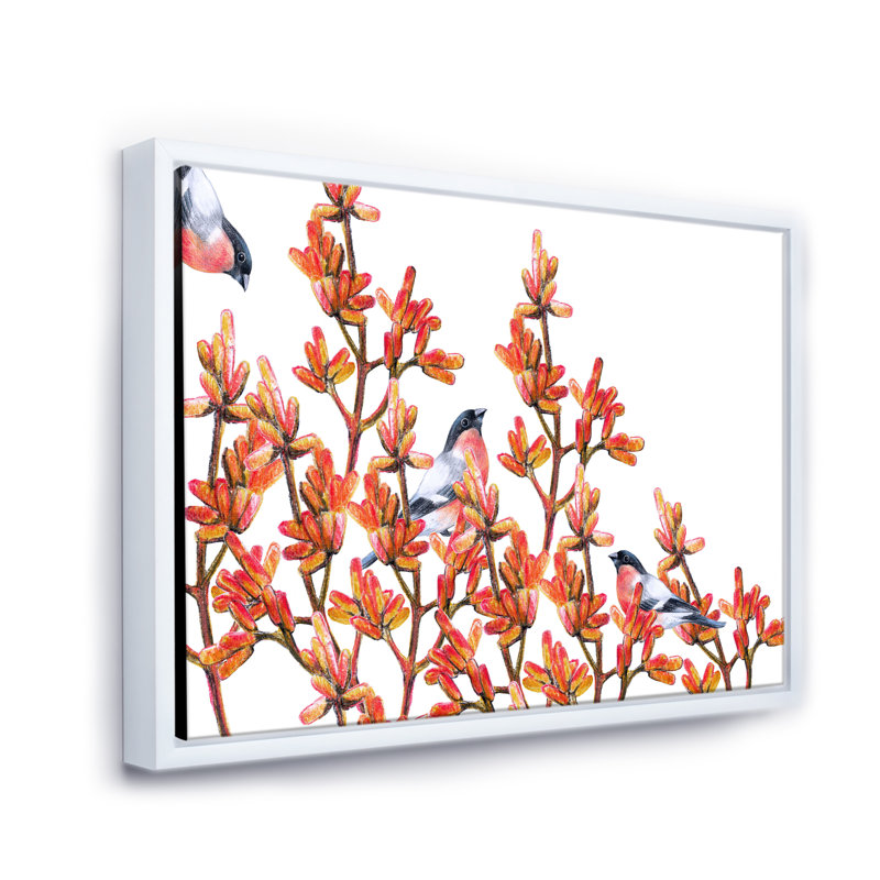 Volée de bouvreuils sur branches orange - Peinture sur toile, H 16 po x l 32 po x p 1 po, Toile blanche encadrée