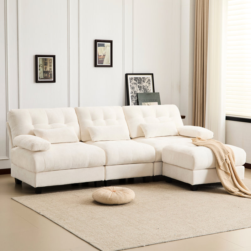 93 pouces avec sièges 3 + 1 assortis, 4 réglages, capacité de 350 lb par siège, chenille beige, 3 coussins décoratifs 4 réglages, poids