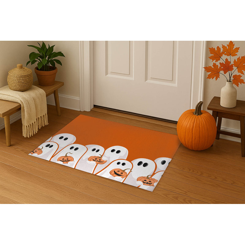 Tapis d'entrée antidérapant pour fantômes et citrouilles, Orange, L 48 po x L 72 po