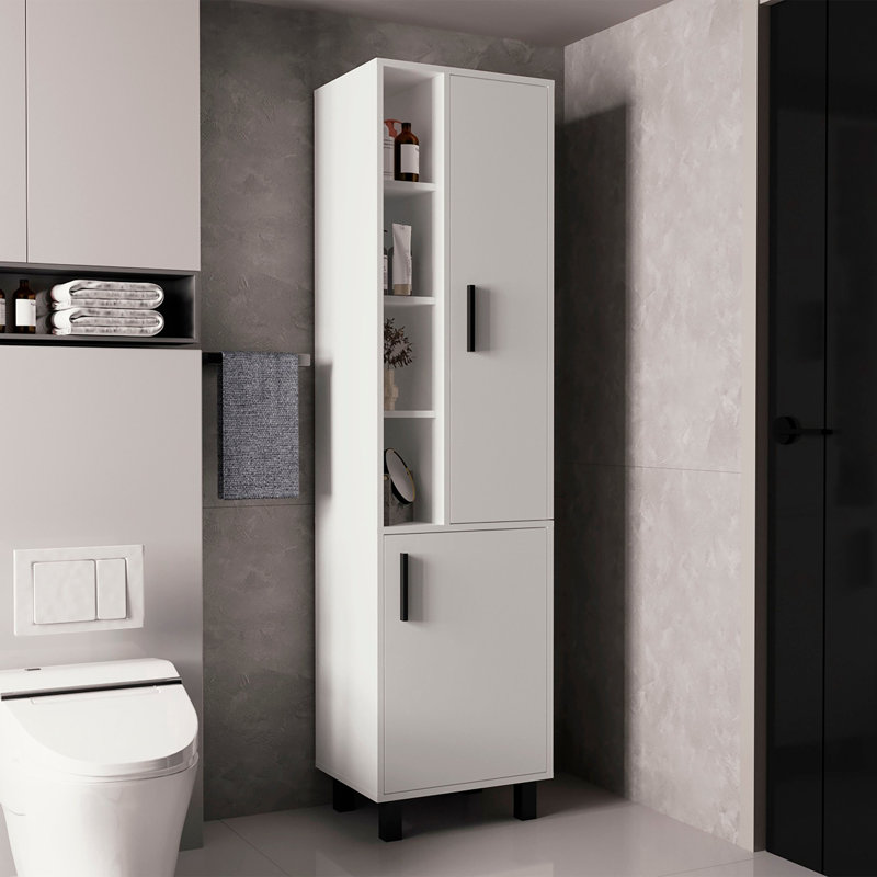 Armoire de rangement haute Stanton avec deux portes et trois tablettes ouvertes, blanc