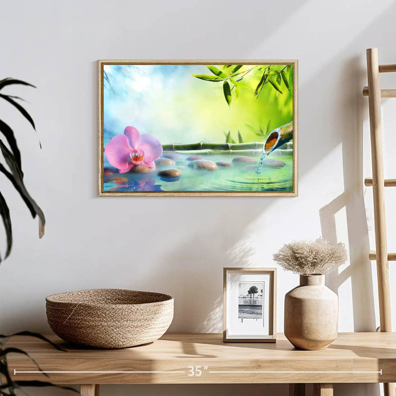 Orchidée japonaise, 19 po x 13 po, Cadre flottant en bois naturel