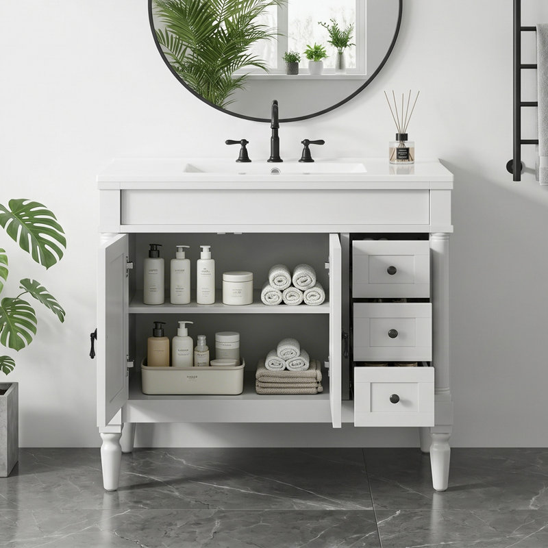 Meuble-lavabo en bois massif 36 po avec armoire de rangement en céramique, Blanc, Black