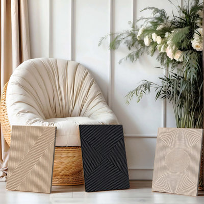 3 pièces d'art mural encadré, ensemble abstrait d'art mural sur toile géométrique abstraite de 3 motifs de lignes minimalistes moderne noir et beige pour salon, chambre à coucher, bureau, décoration de maison contemporaine, prêt à être accroché