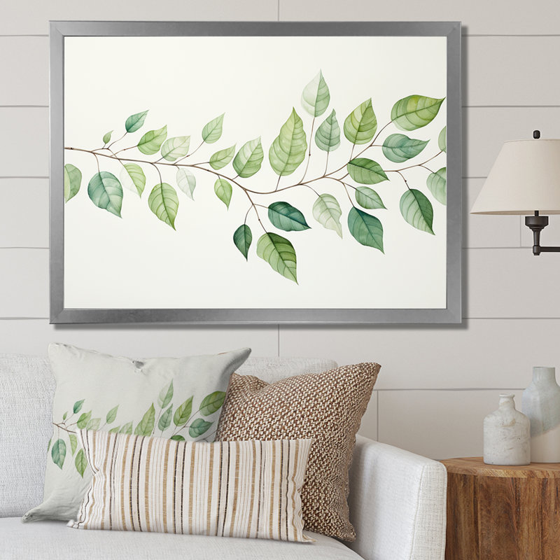 Feuilles vertes, charme minimaliste sur toile, Cadre simple argenté, H 30 po x l 40 po x P 1,5 po