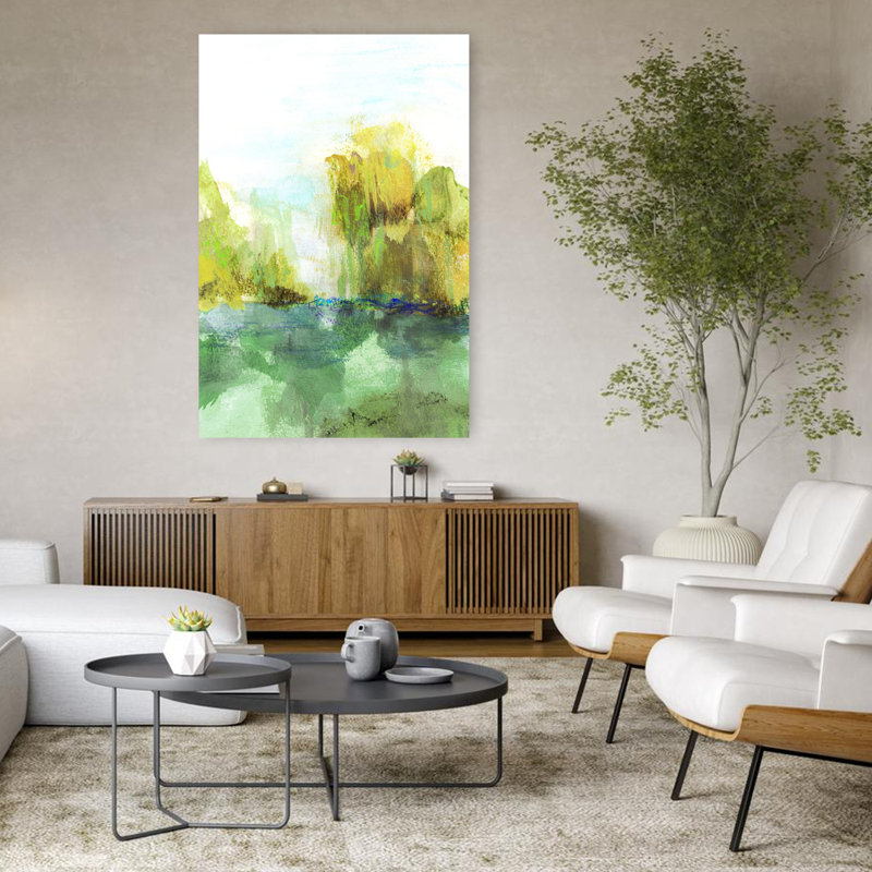 Bord de l'eau, printemps, bleu sarcelle, chartreuse, paysage contemporain impressionniste, art mural, H 48 po x l 32 po