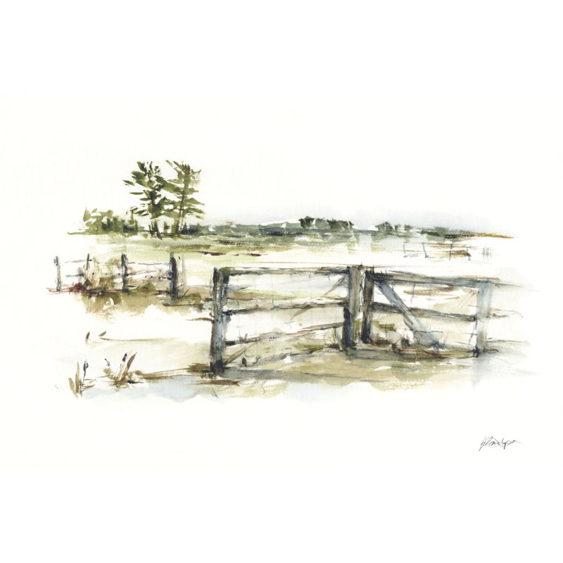 Farm Fence II - Painting, 51cm H x 76cm W, Black Floater Framed