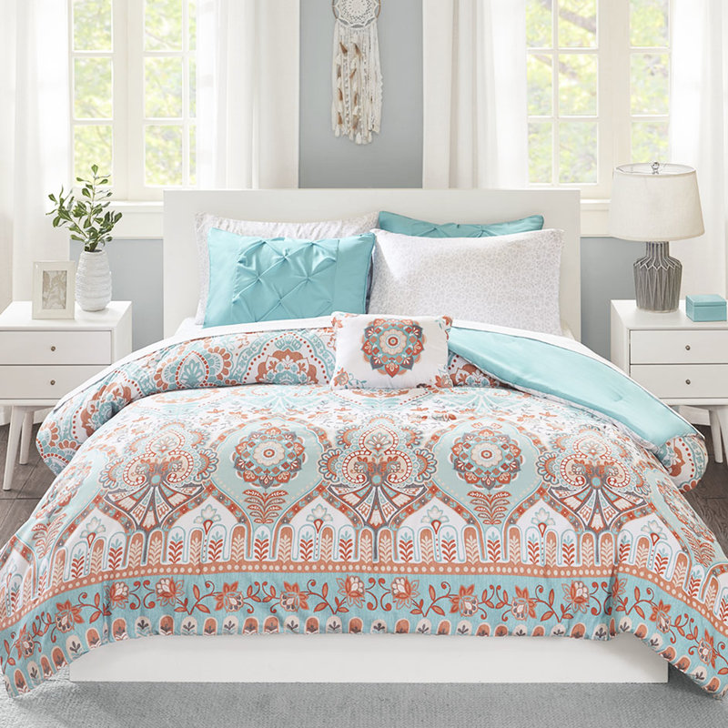 Édredon simple et drap - motif gracieux avec draps de lit style global, Édredon pour lit simple + 7 pièces supplémentai