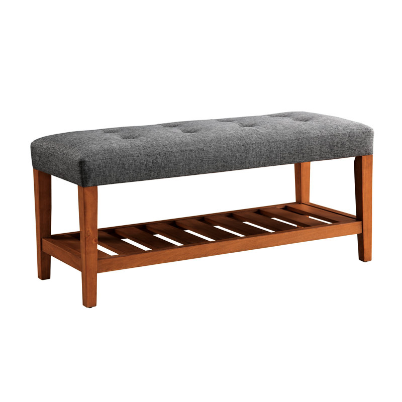 Oak Finish Bench With Gray Fabric Upholstery - 16" Seat Depth 40" Width Functional Design Legs 18" Height 40"X16" Soft Modern Accent
