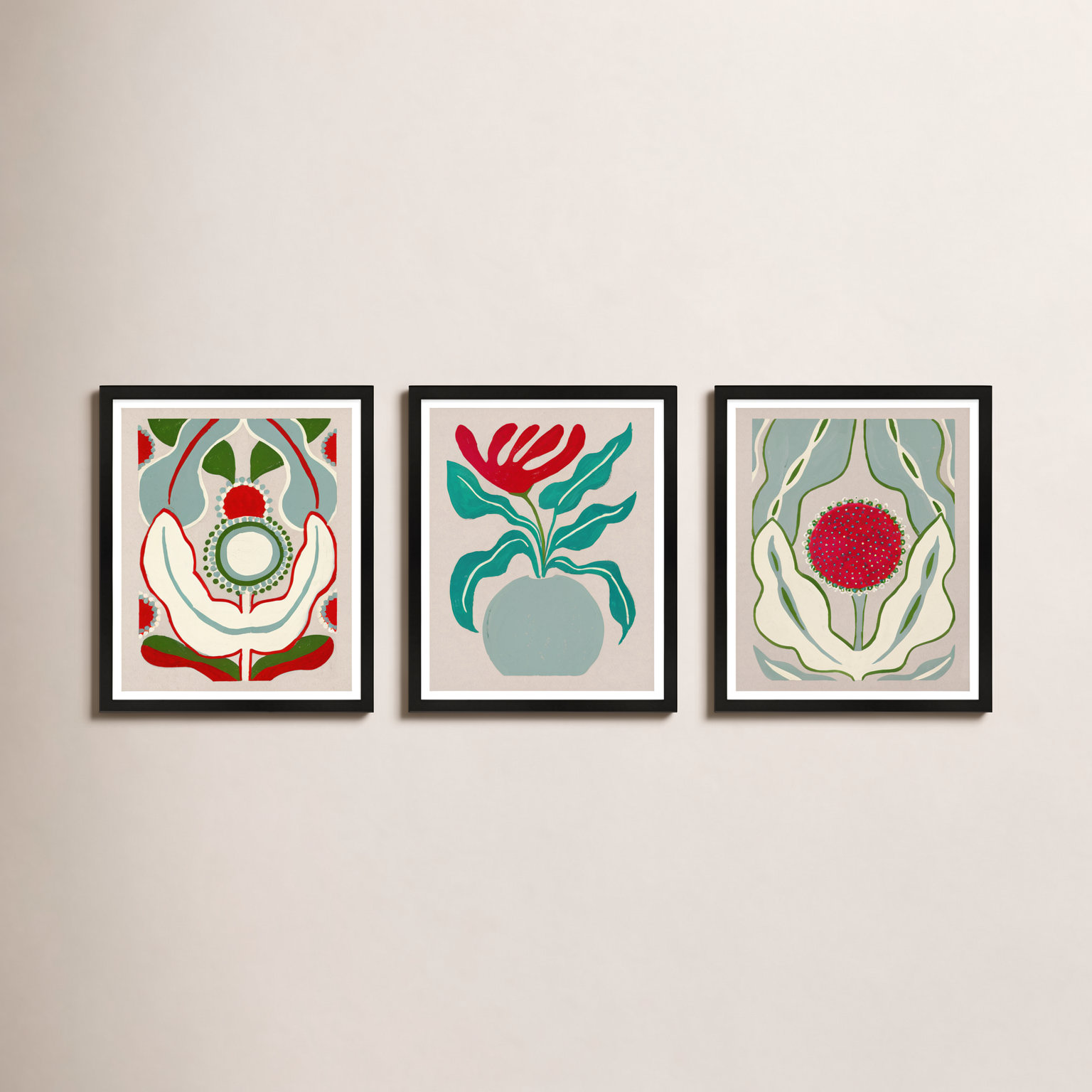 Magical Flowers 3-Piece Print Set, Black Framed Paper, 25" H x 20" W x 1.25" D