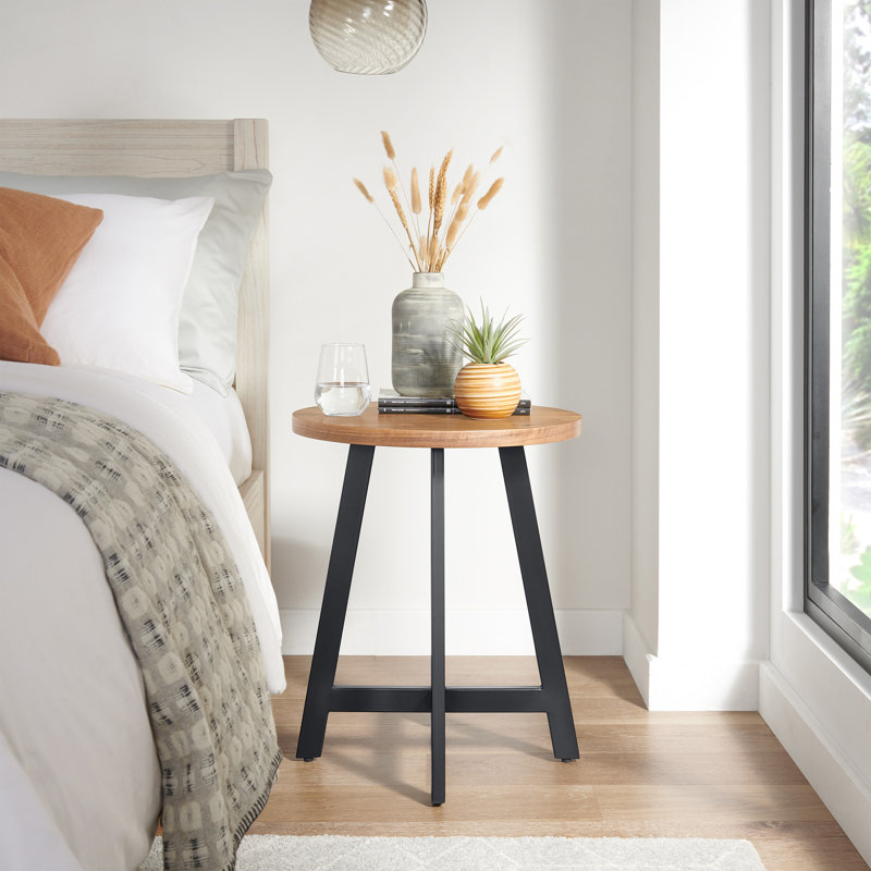 End Table - Industrial Side Table with MDF Top and Metal Frame - Round Table for Living Room, Bedroom, Hallway, or Dorm Room