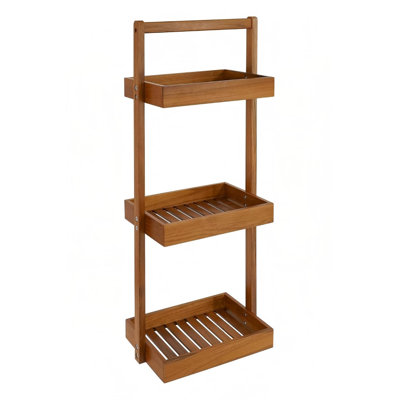 Teak Shower Caddy Corner, Standing Organizer Shelf with Handle 3 Tier with Handle, Wood Bathroom Stand Up Caddy Basket
