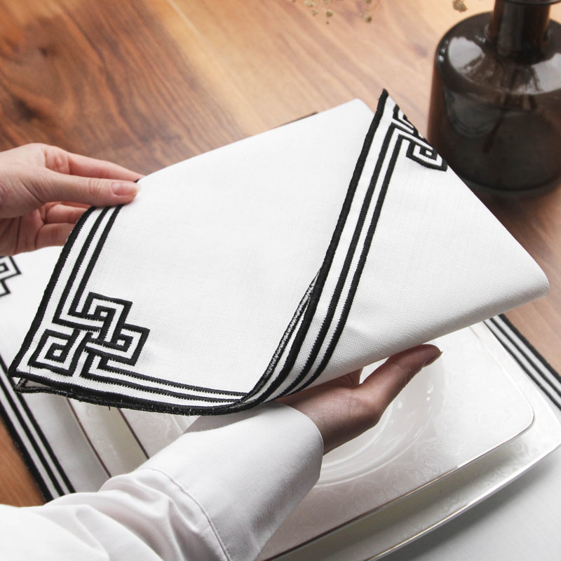 Embroidered White Linen Placemats with Gold Scrollwork – 24pc Elegant Table Mats Set for 6 Person | Islamic Decorative Dining Linens
