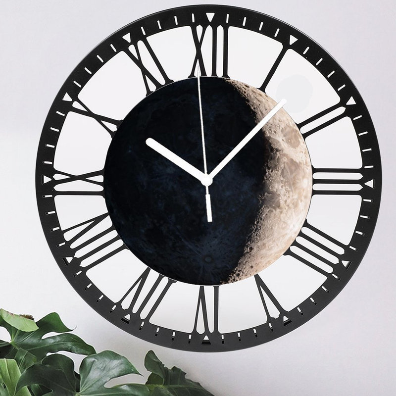 Horloge murale ronde en fer 10 po avec mouvement à quartz silencieux, chiffres romains, impression UV, Premier quart de lune