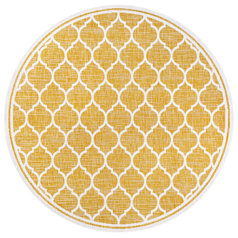 Trebol Moroccan Trellis Textured Weave Yellow/Cream Indoor/Outdoor Rug, Round 5'3"