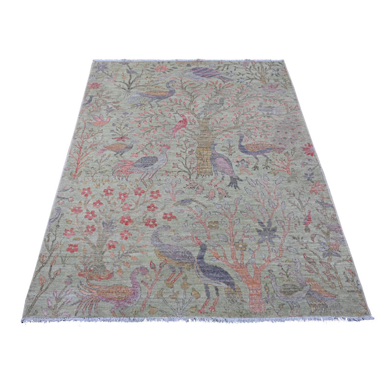 Tapis vert en laine noué à la main 5 pi x 6 pi 2 po Peshawar Birds DE2B6DD3E6E84C709CF47B6044C804B8
