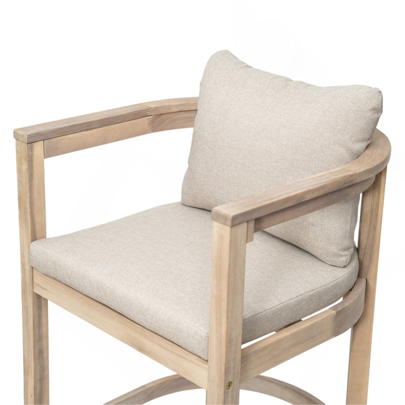 Tabouret de bar d'extérieur Abaco, bois clair avec coussin beige, ensemble de 2, Teck clair