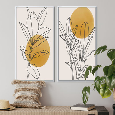 Yellow Botanical Wall Art, 2-Piece Painting Set - Yellow Botanical Branch with Leaves I