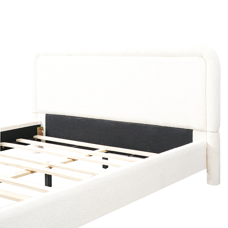 Base de lit tapissier grand format avec tête de lit courbée, lit en tissu moderne avec support en lattes de bois, aucun sommier requis, assemblage facile, blanc