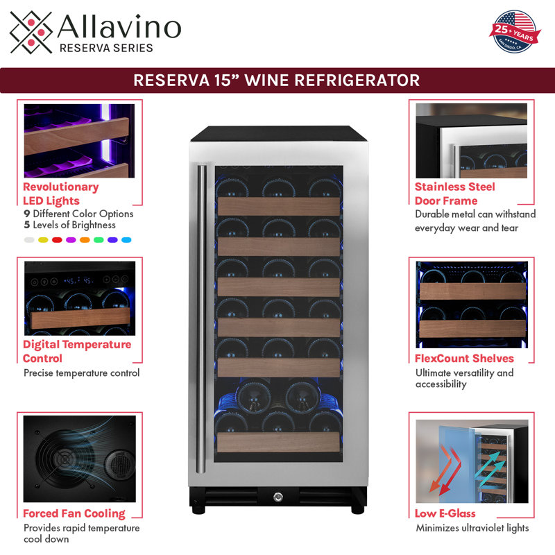 Allavino 15" Wide Reserva Series 30 Bottle Single Zone Stainless Steel Right Hinge Wine Refrigerator, Left Handed