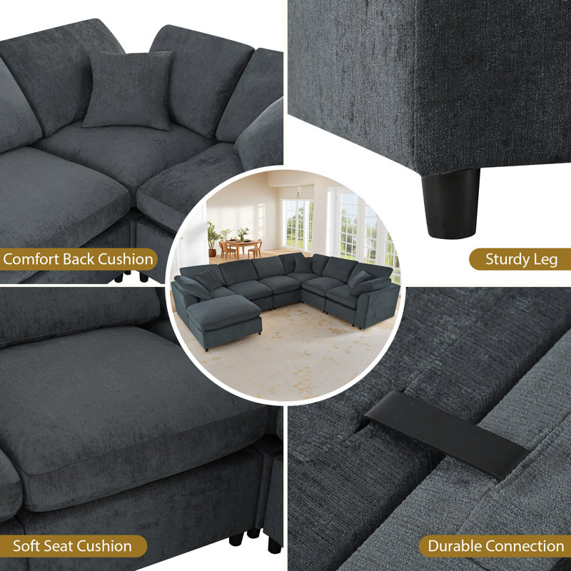 7 Pieces Chenille Sectional Corner Sofa 125" Modular Reversible Deep Seat Cloud Couch With Ottoman Chaise Set & Pillows