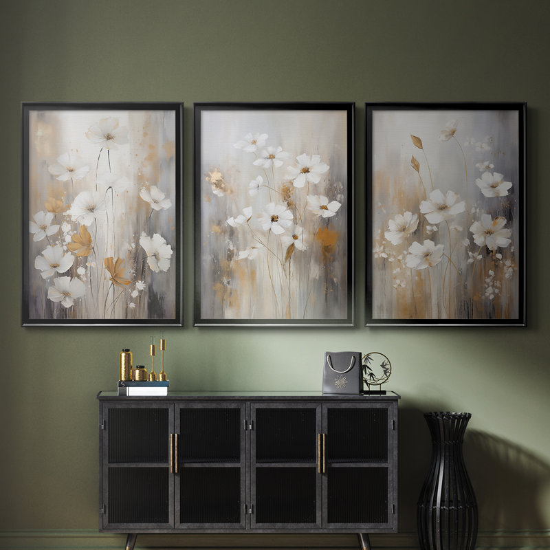 FLORAL Series CCCCX III - Toile tendue avec châssis sur mesure - 3 pièces, H 30 po x l 63 po, Noir, noir, noir, noir