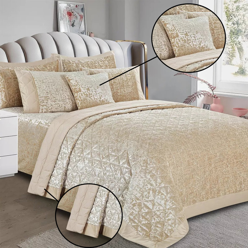 Velvet Plush Crushed Velvet Quilted Coverlet Set – Soft Microfiber Backing, Beige, King Bedspread + Pillowshams