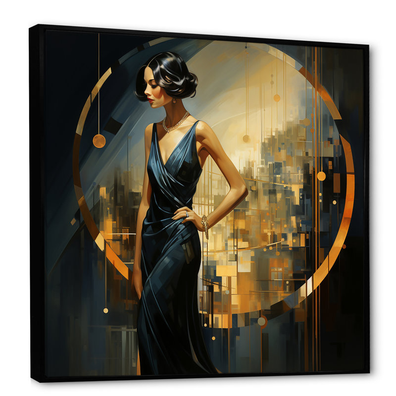 Art sur toile doré et saphir femme IV, Cadre flottant noir, H 30 po x l 30 po x P 1,5 po