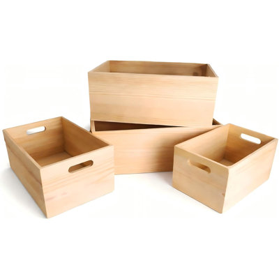 Lot de 4 caisses en bois brut - Boîtes gigognes en pin avec poignées - Boîtes de rangement décoratives - Tailles graduées empilables