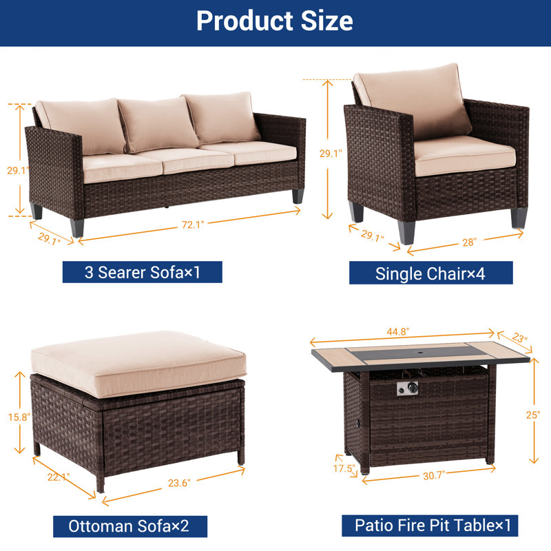 8-Pieces Patio Sofa Sets with 45'' Fire Pit Table, PE Rattan Wicker for Patio , Deck and Yard, Brown, Sand